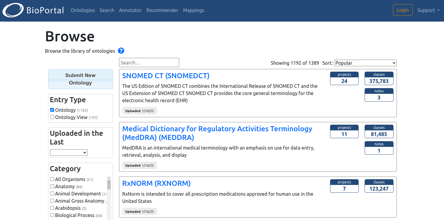 A Snapshot of Biomedical Ontologies Accessible Through BioPortal